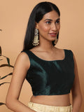 Green Sleeveless Square Neck Readymade Saree Blouse with Silver Lace