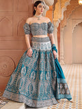 Teal Blue Ajrakh Print Lehenga Set with Puff Sleeve Blouse
