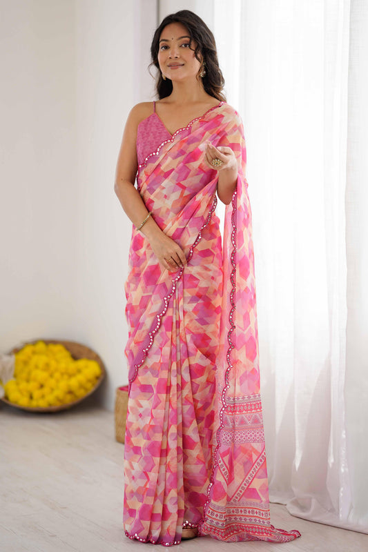 Woman wearing a pink saree with a white background Glanzavi