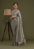 Gray Pleated Georgette Saree with Subtle Golden Zigzag Pattern Minimalist Partywear Saree