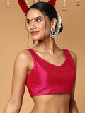 Hot Pink V-Neck Sleeveless Readymade Saree Blouse in Silk Blend