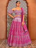 Magenta & Lavender Ajrakh Print Lehenga Set with Puff Sleeve Blouse