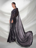 Silver & Black Designer Sequin Georgette Saree Elegant Evening Partywear