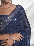 Royal Dusk Teal Blue Sequin Georgette Saree with Silver Lace Border