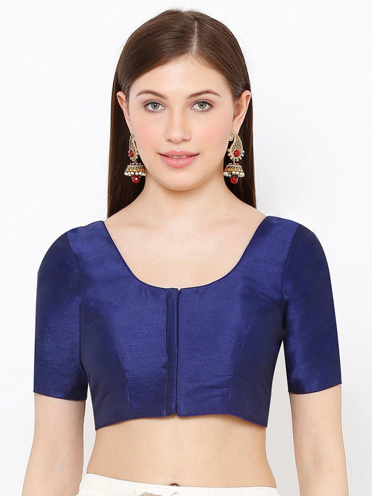 Blue Scoop Neck Elbow Sleeve Readymade Saree Blouse
