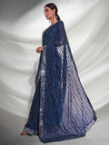 Royal Dusk Teal Blue Sequin Georgette Saree with Silver Lace Border