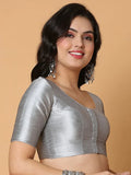 Silver Boat Neck Elbow Sleeve Readymade Saree Blouse in Silk Blend