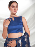 Petrol Blue Pleated Georgette Saree with Metallic Zigzag Weave Contemporary Partywear