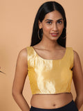 Beige Sleeveless Square Neck Readymade Saree Blouse with Silver Lace