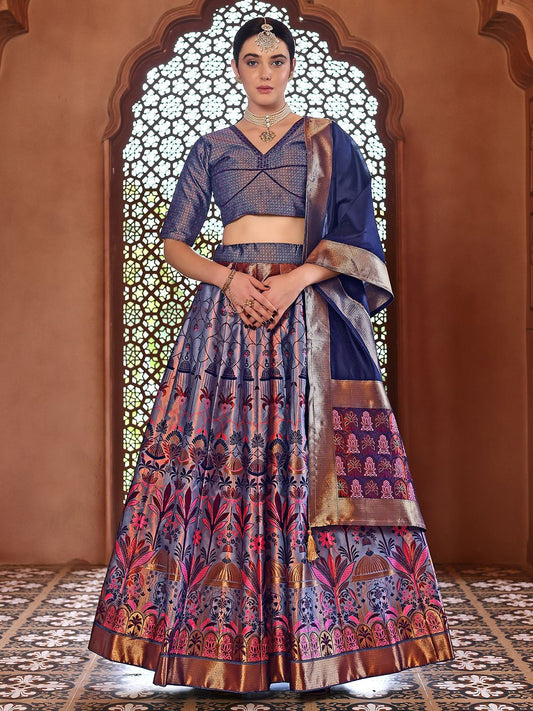 Royal Blue and Silver Brocade Lehenga with Designer Blouse & Navy Dupatta