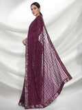 Solid Wine Sequin Georgette Saree with Gold Lace Border For Women