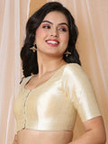 Beige Boat Neck Elbow Sleeve Readymade Saree Blouse in Silk Blend