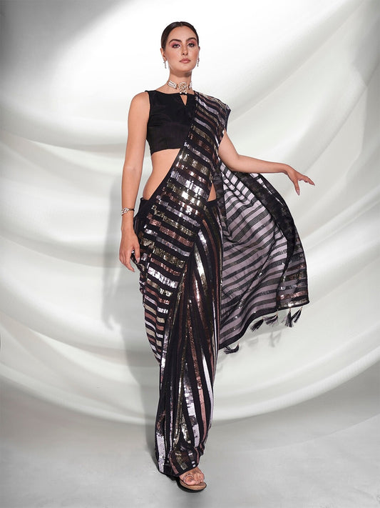 Black Sequin Striped Party Wear Saree Glamorous Evening Look