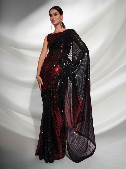 Galaxy Gleam Sequin Saree – Dual-Tone Red & Green with Black Sheer Pallu