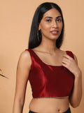 Maroon Sleeveless Square Neck Readymade Saree Blouse with Silver Lace