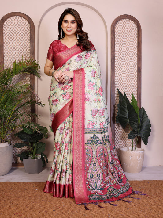 Light Yellow Floral Printed Saree for Women with Pink Zari Border Designer Pallu Soft Lightweight Festive Wear Saree with Blouse