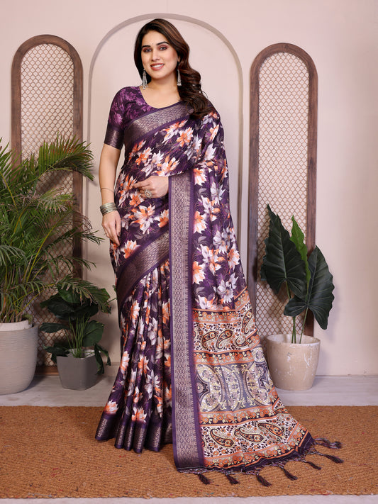 Purple Floral Printed Saree for Women with Zari Border Designer Pallu Soft Lightweight Party Wear Saree with Blouse