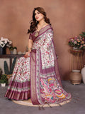 Wine Kalamkari Printed Saree with Elegant Border & Artistic Pallu | Traditional Ethnic Wear for Women