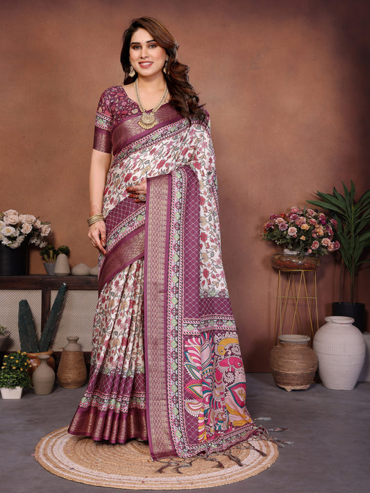 Wine Kalamkari Printed Saree with Elegant Border & Artistic Pallu | Traditional Ethnic Wear for Women