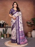 Purple & Cream Floral Printed Saree with Rich Border and Designer Pallu | Elegant Ethnic Wear for Women