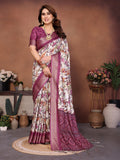 Wine & Cream Floral Printed Saree with Rich Border and Designer Pallu | Elegant Ethnic Wear for Women