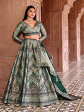 Aayat Olive Green Banarasi Silk Lehenga Set with Contrast Brocade Dupatta