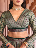 Aayat Olive Green Banarasi Silk Lehenga Set with Contrast Brocade Dupatta