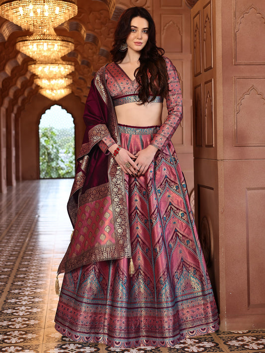 Aarvi Rani Pink Banarasi Silk Lehenga Set with Maroon Brocade Dupatta