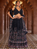 Anika Navy Blue Printed Lehenga Set with Knot Blouse and Dupatta