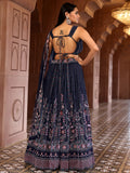 Anika Navy Blue Printed Lehenga Set with Knot Blouse and Dupatta