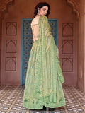 Anika Parrot Green Printed Pleated Lehenga Set with Draped Blouse