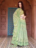 Anika Parrot Green Printed Pleated Lehenga Set with Draped Blouse