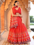 Tara Red Printed Lehenga Set with Twist Knot Blouse and Dupatta
