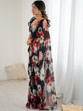 Black Floral Printed Georgette Saree with Designer Blouse