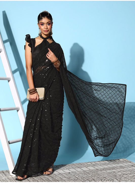 Black Sequin Georgette Saree with Geometric Diamond Embroidery