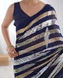 Navy Blue Sequin Striped Saree Elegant Party Wear Georgette Saree