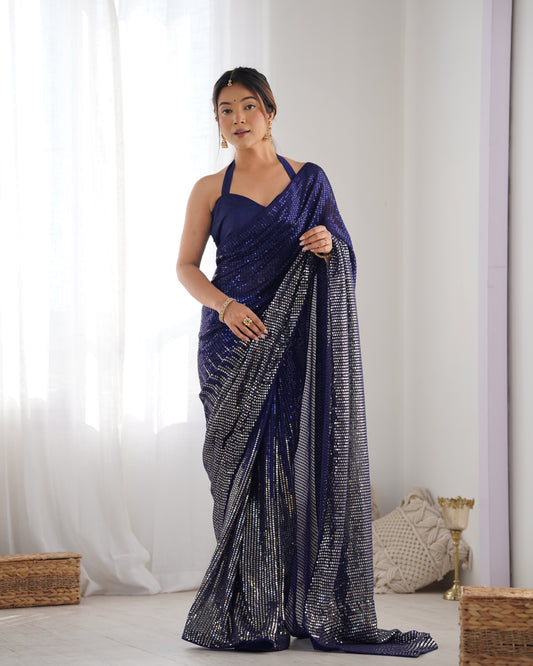 Royal Blue Sequin Saree – Glamorous Partywear Designer Saree for Women