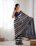 Navy Blue Sequin Striped Saree Elegant Party Wear Georgette Saree
