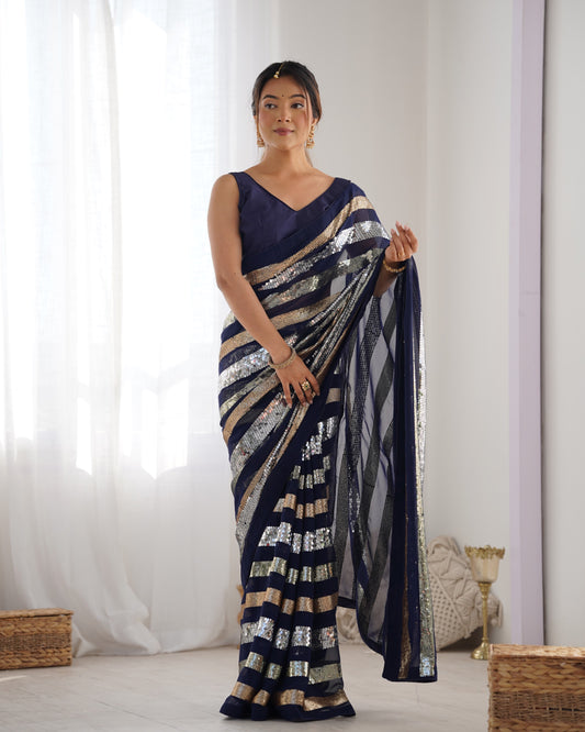 Navy Blue Sequin Striped Saree Elegant Party Wear Georgette Saree