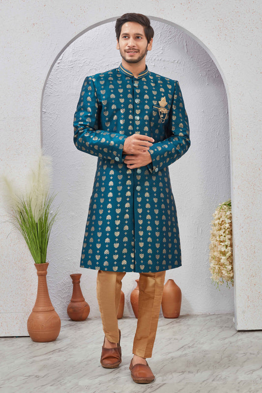 Indian Designer Wedding Wear Jacquard Fabric Indo-Western Sherwani Pajama Set For Men