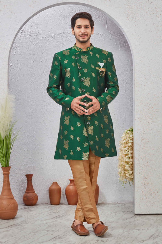 Indian Designer Wedding Wear Jacquard Fabric Indo-Western Sherwani Pajama Set For Men