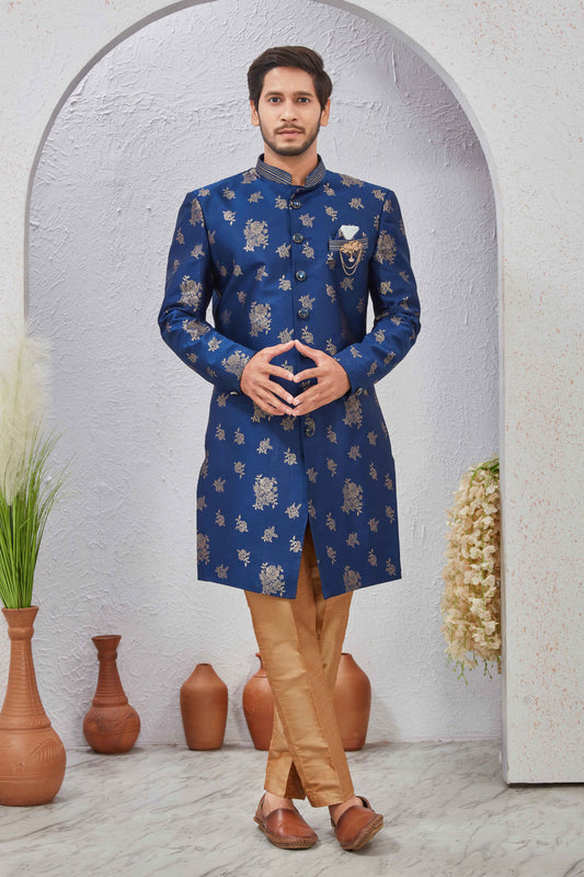 Indian Designer Wedding Wear Jacquard Fabric Indo-Western Sherwani Pajama Set For Men