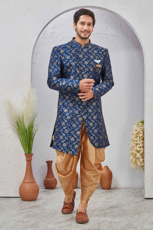 Indian Designer Wedding Wear Jacquard Fabric Indo-Western Sherwani Pajama Set For Men