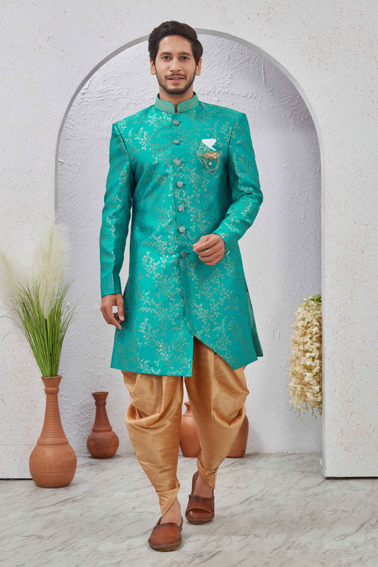 Indian Designer Wedding Wear Jacquard Fabric Indo-Western Sherwani Pajama Set For Men