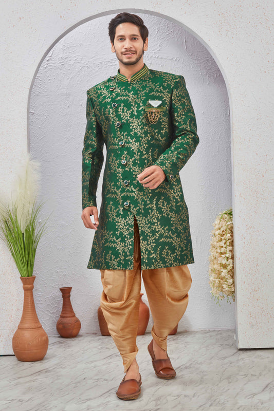 Indian Designer Wedding Wear Jacquard Fabric Indo-Western Sherwani Pajama Set For Men