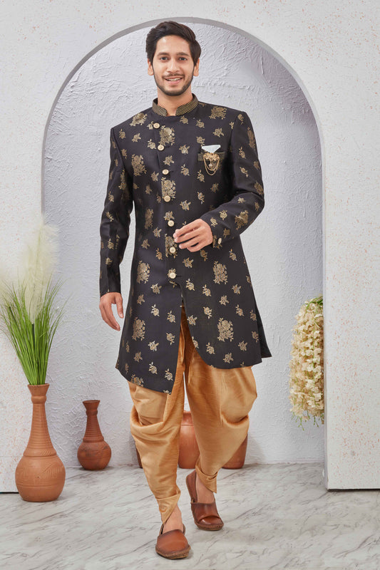 Indian Designer Wedding Wear Jacquard Fabric Indo-Western Sherwani Pajama Set For Men
