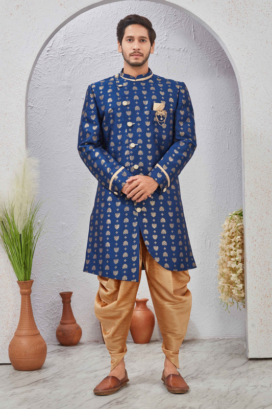 Indian Designer Wedding Wear Jacquard Fabric Indo-Western Sherwani Pajama Set For Men