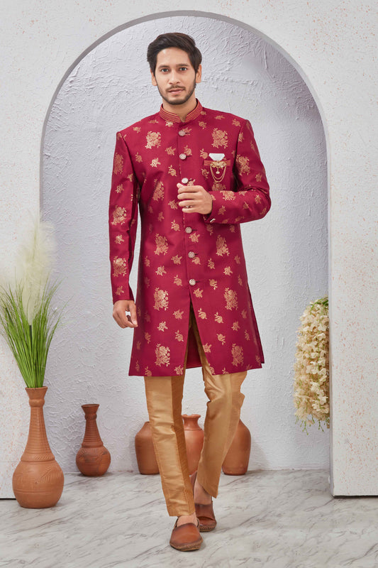 Indian Designer Wedding Wear Jacquard Fabric Indo-Western Sherwani Pajama Set For Men