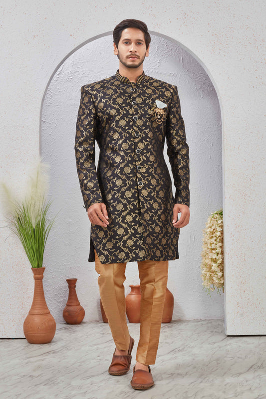 Indian Designer Wedding Wear Jacquard Fabric Indo-Western Sherwani Pajama Set For Men