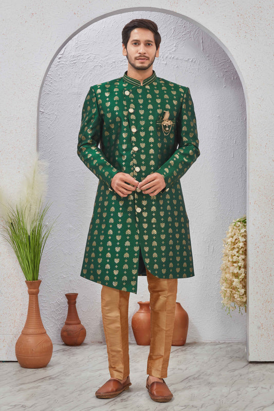 Indian Designer Wedding Wear Jacquard Fabric Indo-Western Sherwani Pajama Set For Men
